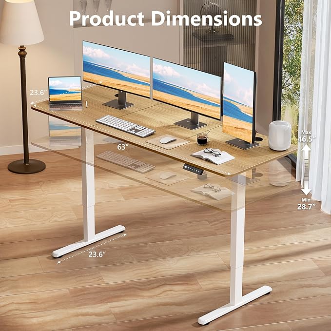 Electric Standing Desk 63 x 24 Inches, Height Adjustable Sit Stand Home Office Computer Desk with Memory Presets,Wood Color