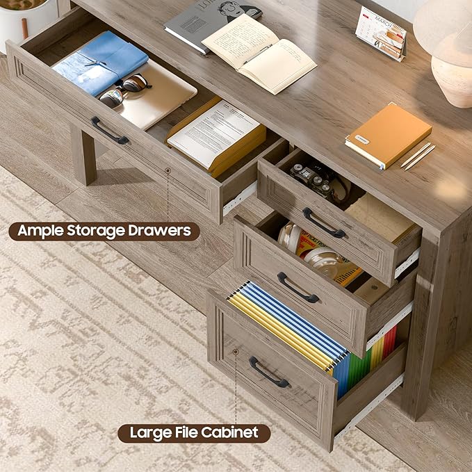 Vabches Farmhouse Executive Desk with Storage and Ample File Drawer, Rustic Large Home Writing Desk for Bedroom, Grey