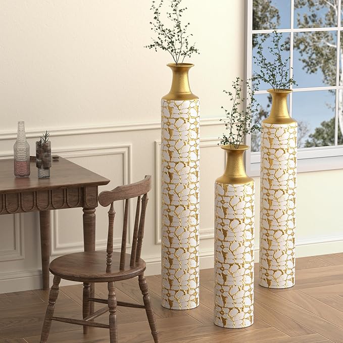Metal Floor Vases Decorative, Set of 3 Flower Arrangement Stand, Metal Decorative Vase Tall Distressed Metallic Centerpiece Vases, 32", 28", 24" H (Antique White)