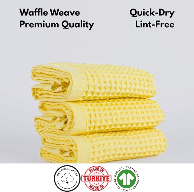 PÜSKÜL Natural 100% Turkish Cotton Waffle Kitchen Towels Set of 3 | Oeko-Tex, Premium Waffle Hand Towels for Bathroom | Soft Absorbent Quick-Dry Lint-Free Dish Towel Large 32x16 inch (3, Light Yellow)