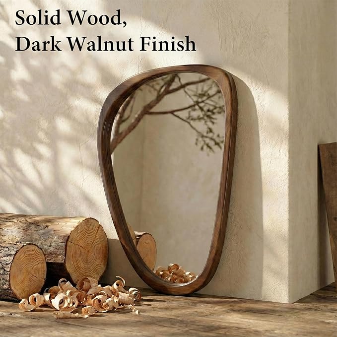 Solid Wood 30"x20" Irregular Asymmetrical Wall Mirror, Japandi Boho Mid-Century Modern Decorative Accent Mirror, Small Organic Shaped Wooden Wall-Mounted Mirror, Dark Walnut