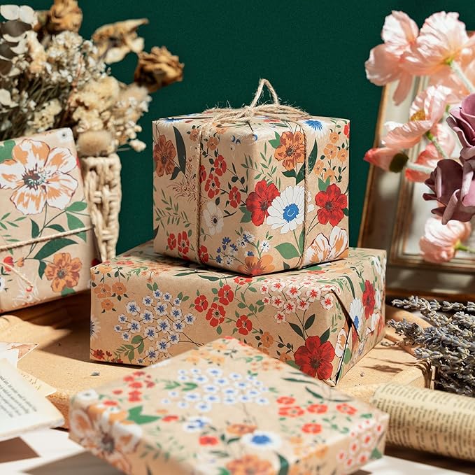 WRAPAHOLIC Kraft Floral Wrapping Paper Roll - Mini Roll - 17 Inch x 9.8 Feet - All Occasion Flower Wrapping Paper for Wedding Bridal Shower Birthday