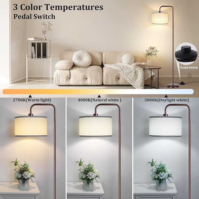 PARTPHONER LED Floor Lamp for Living Room, 3 Color Temperature, with Foot Switch, 9W Bulb Included, Oil Rubbed Bronze