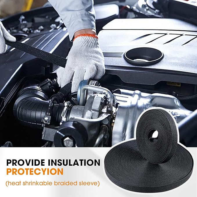 Black 2:1 Ratio Automotive Heat Shrink Braided Sleeving,Wear-Resistant Flat Woven Shrinkable Sleeve Fabric Car Cable Wires Hoses Protection (1"-26ft)