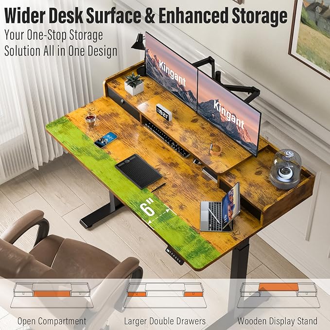 Kingant 55" x 30" Standing Desk with Drawers, Large Desktop, Ergonomic Sit Stand Desk for Home Office Work, Cable Management, 3 Preset Heights & 2 Hooks, Rustic Brown