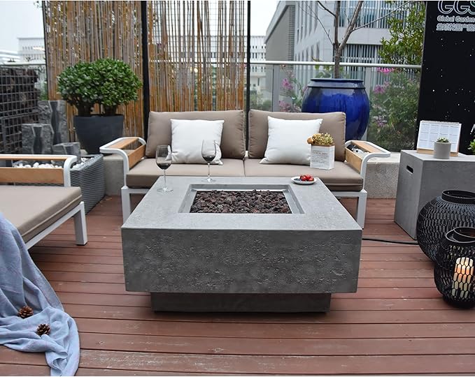 Elementi Manhattan Concrete Fire Pit 36" x 36" Outdoor Patio Firepit Includes Lava Rocks Modern Fire Pits & Outdoor Fireplaces for Garden, Deck, Indoor & Outdoor Heating