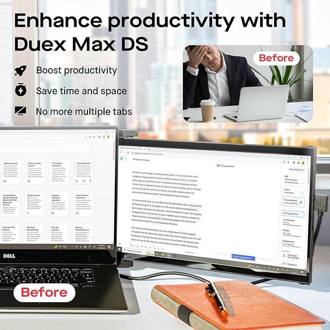 Mobile Pixels New Duex Max DS 14.1'' FHD 1080p Laptop Screen Extender, USB Type-C/HDMI Ports, Portable Monitor for 14'' to 17 Inch Laptops, Compatible with macOS/Windows/Apple/Android/Switch(Black)