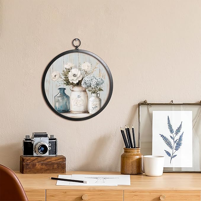 XIAOAIKA Vintage Wall Art with Metal Frame, Round Wood Print Featuring Mason Jar Flower Bouquet, Boho Wall Decor for Living Room, Bedroom, Kitchen, 10 Inch