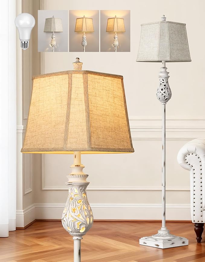 PARTPHONER 64'' Vintage Floor Lamp with Nightlight, Rustic Farmhouse Tall Standing Lamp with Rotary Switch and Beige Linen Shade for Living Room, Corner, Bedroom, House Decor, White (Bulb Included)