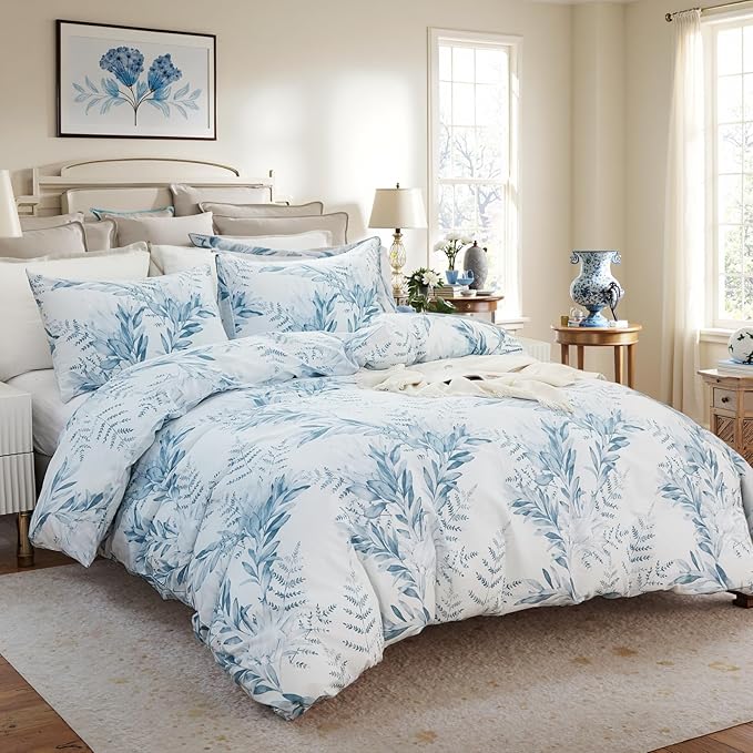 100% Cotton Duvet Cover Queen Size 3 Pieces, Blue Leaf Duvet Cover with Zipper Closure, Soft Floral Bedding Set White and Blue for All Season, Breathable, Ultra Soft