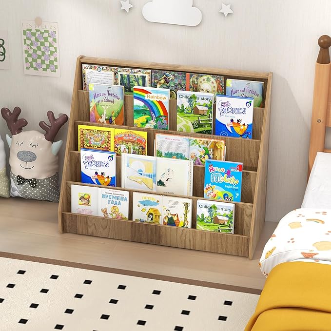 GLACER Kids Bookshelf, 5 Tier Wooden Montessori Book Display Rack, Front Facing Toddler Bookcase, Toy Storage Organizer, Book Shelf for Kids Rooms, Nursery, Classroom and Playroom (Natural)