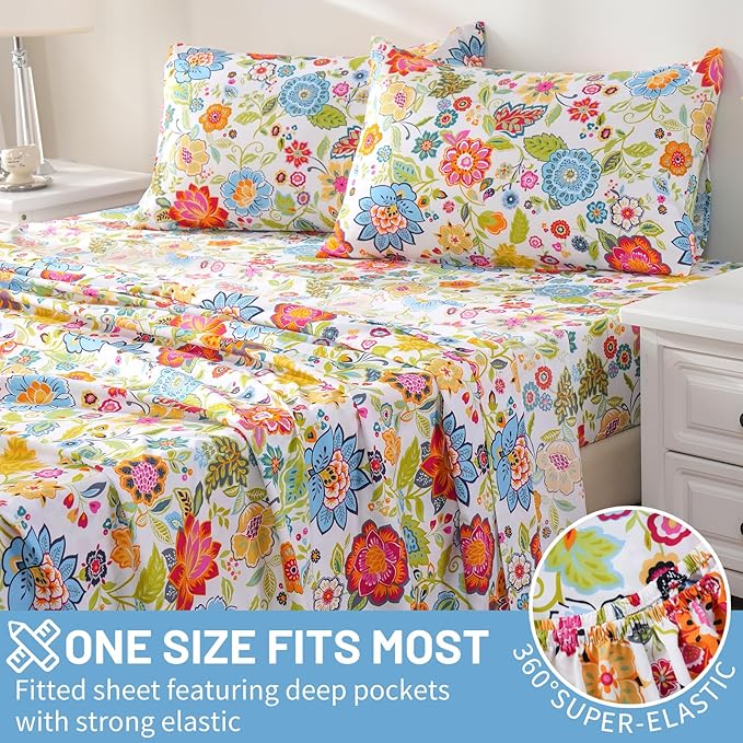 Bedlifes Queen Size Extra Deep Pocket Sheet Sets - Fits Mattresses Up to 18-24" Thick, 4-Piece Microfiber Set with 1800 Thread Count, Soft, Smooth, Breathable, Featuring Floral Spring Design