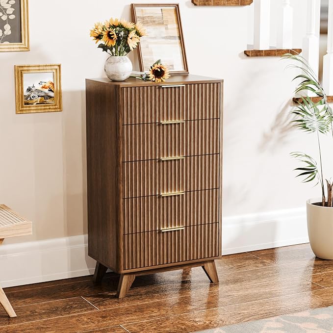 VINGLI Fluted Tall Dresser 5 Drawer, 23.66" W Chest of Drawers, Walnut Wood Dresser for Bedroom Mid Century Modern with Rounded Edge, 23.66" W*15.59" D*44.88" H