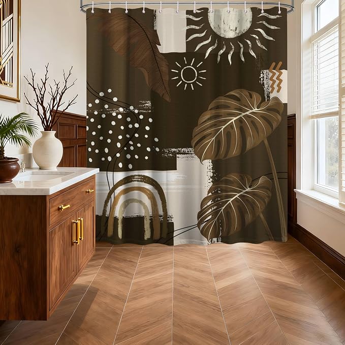 Dark Brown Mid Century Modern Shower Curtain Boho Abstract Khaki Earth Tone Shower Curtains for Bathroom Decor Sets, Waterproof Cloth Fabric with Hooks, 70 x 96 Inch