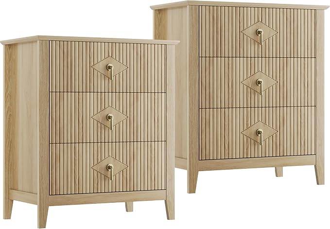 GarveeHome 2Pcs Wood Nightstand Fluted Dresser for Bedroom, 27.5" Wide 3-Drawer Bedside Tables, Modern Chest of Drawers, Storage End Table Living Room, Hallway, Entryway, Natural Oak