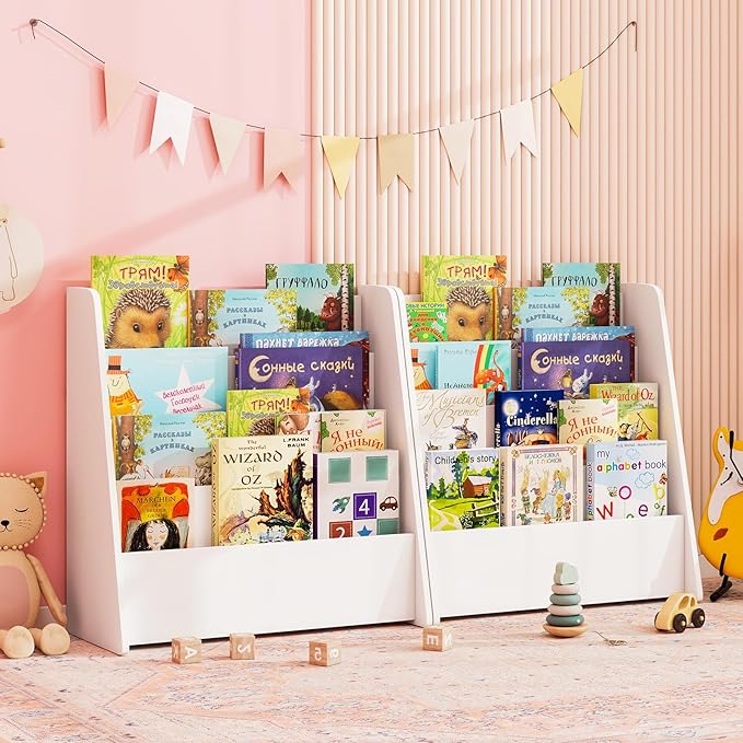 Costzon 4-Tier Kids Bookshelf, Front Facing Children Bookcase with Deep Compartments, Magazine Storage Rack for Kids Bedroom, Playroom, Nursery, Classroom, Kindergarten (White)