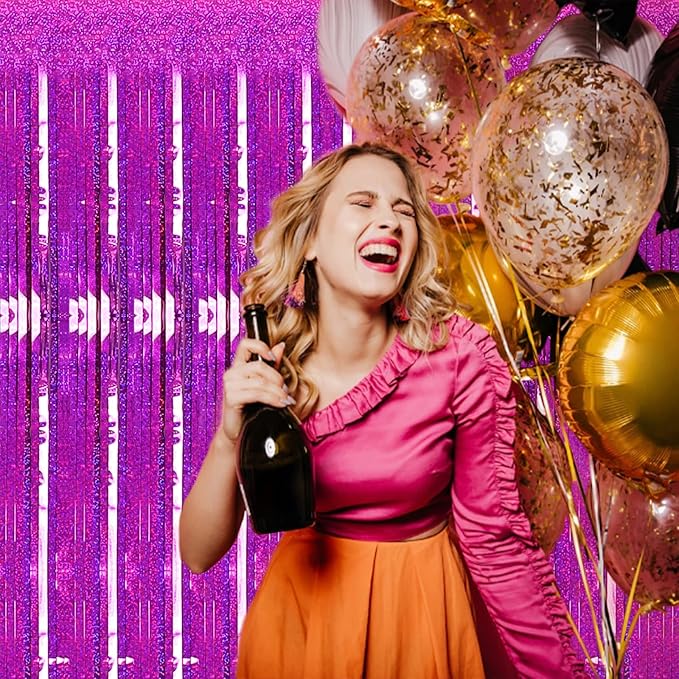 2 Pack 3.2ft x 8.2ft Hot Pink Metallic Tinsel Foil Fringe Curtains, Photo Booth Backdrop Door Curtains Party Streamers for Wedding Birthday Baby Shower Bachelorette Holiday Party Decorations
