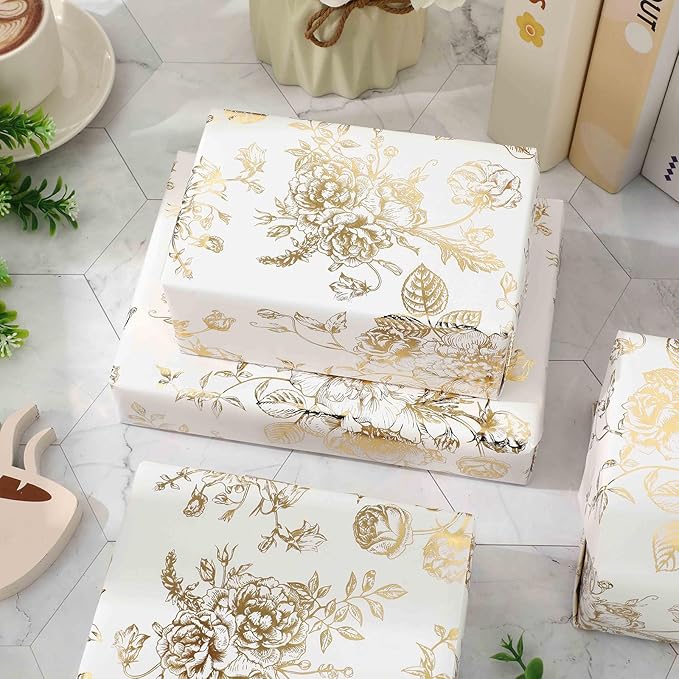 JarThenaAMCS Gold Foil Floral Wrapping Paper - Mini Roll - 17 Inch x 32.8 Ft Vintage Flower Gift Wrap Paper Decorative Art Paper for DIY Crafts Supplies