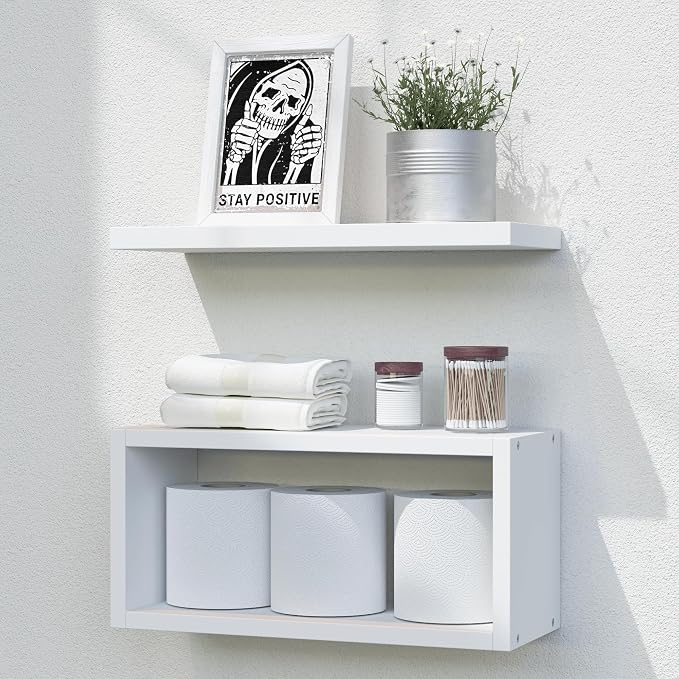 RICHER HOUSE Floating Shelves Bathroom, White Floating Shelves for Wall, Above Toilet Bathroom Shelves, Wall Mounted Hanging Shelves for Bedroom, Kitchen, Living Room Decor - White