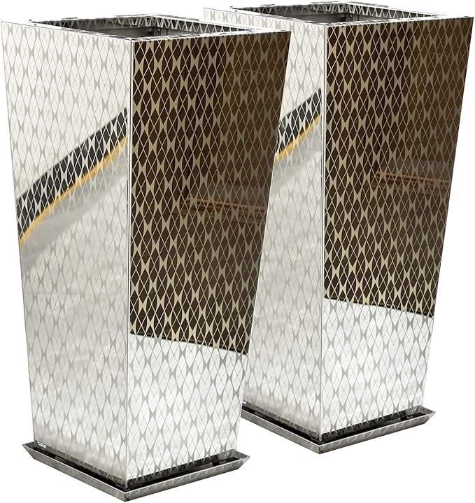 Luxury Stainless Steel Sliver Taper Tall Planter Box Set of 2 with Mirror Etching No Coating 24”H Top 11” Bottom 8”, Decrative Pot Indoor, Modern Décor for Home,Office,Tall Plants,Trees,Flowers