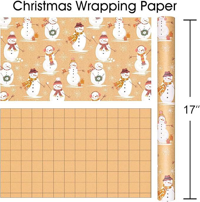 MAYPLUSS Christmas Wrapping Paper Roll - 17IN X 33FT - Kraft Gift Wrapping Paper Featuring Cute Scarf Snowman Snowflake Reversible Cut Lines for Kids, Holiday, New Year
