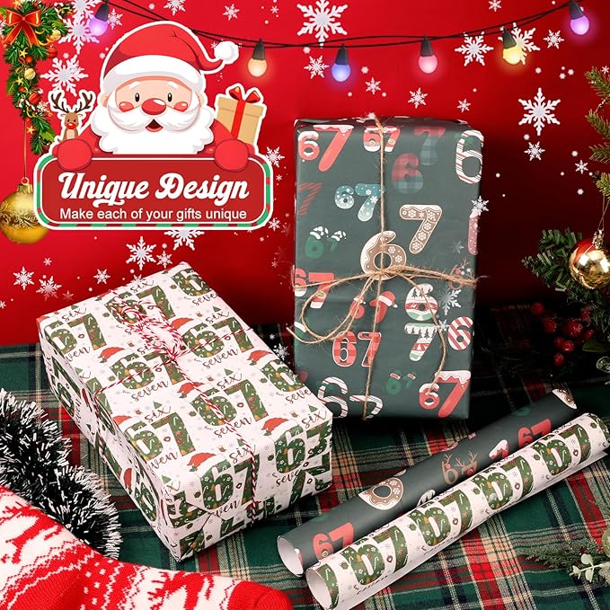 2Pcs 67 Christmas Wrapping Paper, 2025 Funny Holiday Gift Wrap, Unique Six Seven Festive Wrapping Papers, 67 Meme Funny Teen Holiday Gift Wrap (White+Green)