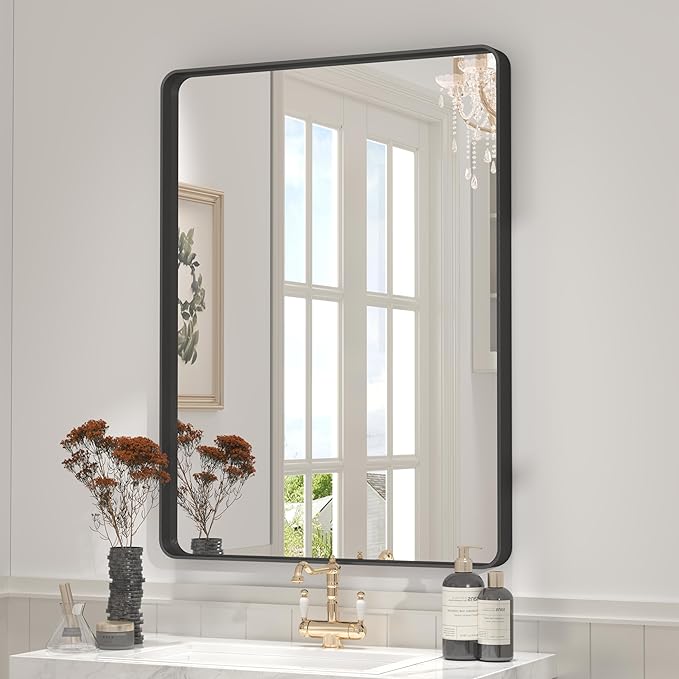 26x36 Inch Black Metal Framed Bathrrom Mirror for Wall, Matte Black Rectangle Mirror, Rounded Corner, Anti-Rust (Horizontal/Vertical)