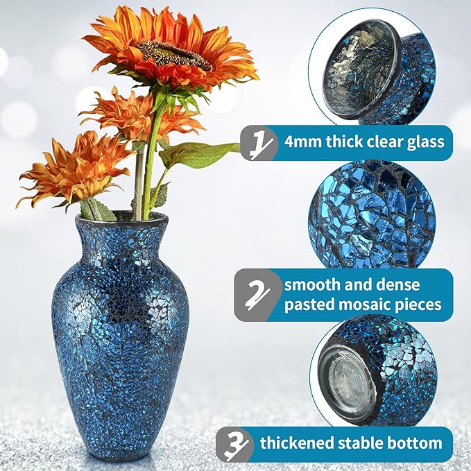MDLUU Mosaic Vase 11" Tall, Handcrafted Cracked Glass Vase, Decorative Flower Vase for Home Decor, Wedding, Table Centerpiece, Gift (Navy Blue)