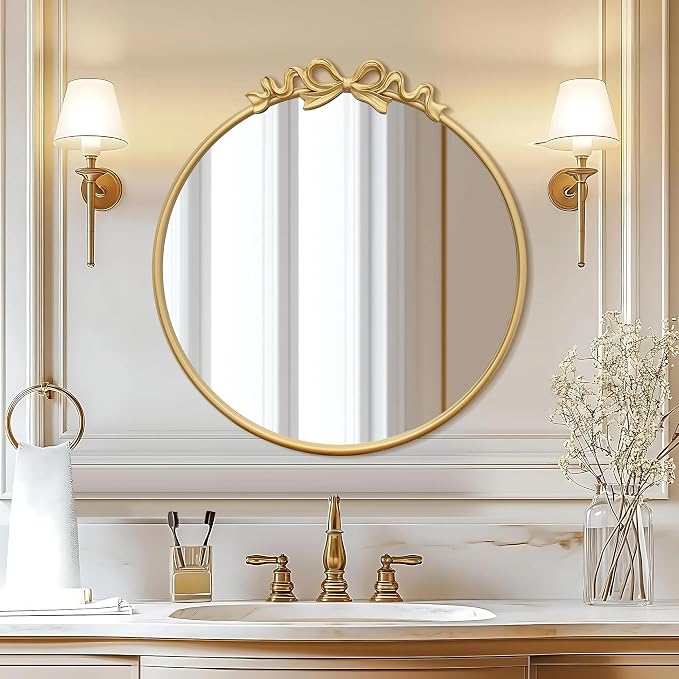 Besdomus Vintage Gold Mirror: 27" Bow Round Wall Mounted Mirror - Baroque Traditional Ornate Metal Framed for Entryway/Fireplace/Bathroom/Hallway - Home Decor for Fashion-Conscious