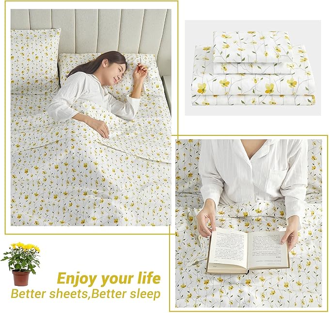 Softan Yellow Floral Bed Sheets Full Flower Printed Sheets - Patterned Microfiber Fitted Sheets Full with 15" Deep Pocket & Non-Slip Straps, Cute Flower Sheets & Pillowcase Set