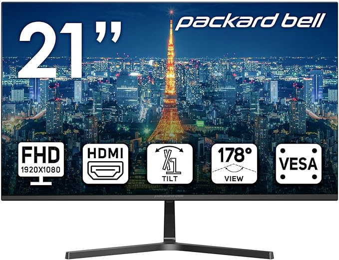 Packard Bell airFrame 21" FHD Monitor, 1920x1080, Ultrawide, VESA Mount Compatible, Tilt Adjustment, HDMI/VGA, Slim Bezel, for Home, Office, and Light Gaming