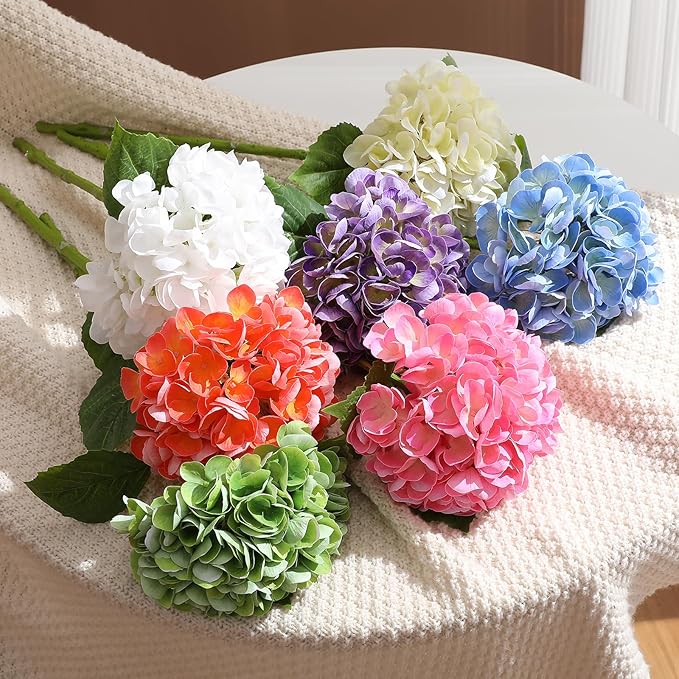 4Pcs Hydrangea Artificial Flowers, 22.44" Real Touch Latex Faux Hydrangea with Long Stems & Leaves for Home Office Decor or Wedding, Party, Centerpieces, Floral Arrangements (Blue)