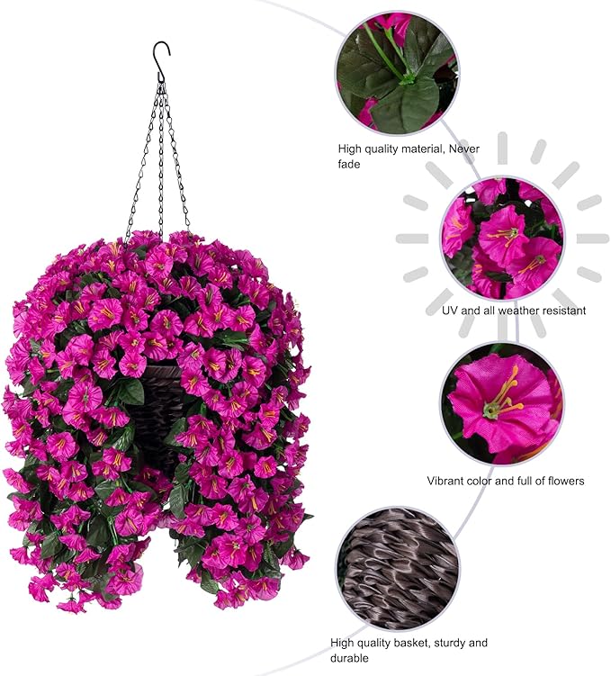 HyeFlora Artificial Fake Hanging Flowers Plants Baskets for Outdoor Outside Decoration, Faux Silk UV Resistant Realistic Fuchsia Morning Glory Planter for Home Porch Patio Balcony Garden Yard