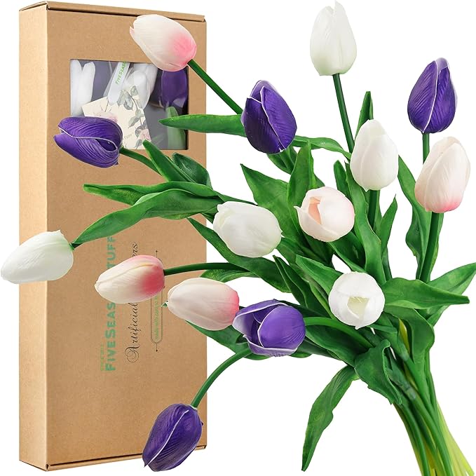 FiveSeasonStuff Real Touch Tulips Artificial Flowers – 15 Stems Faux Tulip Bouquet in Gift Box for Wedding, Home Decor, Party, Floral Arrangements (Beyond Purple)