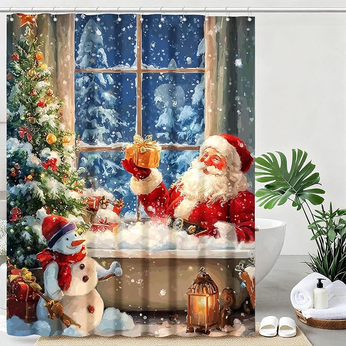 Vintage Christmas Shower Curtain Retro Santa Claus Shower Curtains for Bathroom Waterproof Fabric Bath Curtain Decor with Hooks