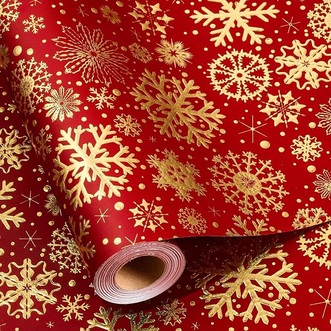 Flyhill Kraft Christmas Wrapping Paper,Gold Luxury Snowflake Metallic Gold Embossed Foil Gift Wrap Roll Design for Holiday, Party,Celebration, New Year (17 Inch X 32.8 Feet)