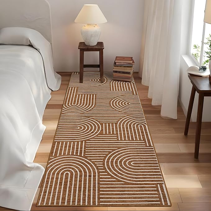 Washable Brown Runner Rug 2x6 Non Slip Bathroom Rugs Non Shedding Abstract Lines Runners for Hallway Low Pile Kitchen Rugs Soft Bedside Rug Runner for Kitchen Hallway Entryway, Brown