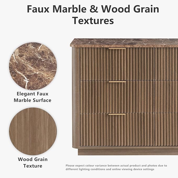 win2win 9 Drawer Dresser, Mid Century Modern Dresser with Storage, 55" Wide Fluted Chest of Drawers with Faux Marble Top, Dressers TV Stand, Drawers Organizer for Bedroom, Living Room, Hallway, Walnut