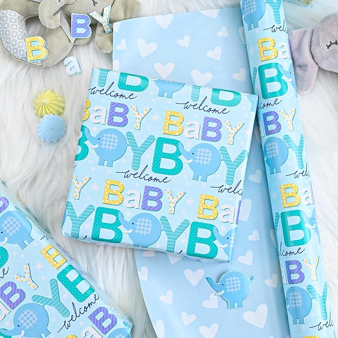 Burymento Reversible Baby Elephant Wrapping Paper Roll - Blue Wrapping Paper for Baby Shower, Boy's Birthday, Child - 17 "x 32.8 ft (47.23 sq ft)