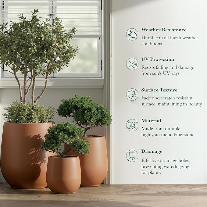 DTY Signature Mount Wilson Modern Indoor Outdoor Fiberstone Tapered Planter, Lightweight, Weather Resistant Garden Pot with Drainage Hole & Rubber Plug, Planter for Christmas Decor – Terracotta, Large