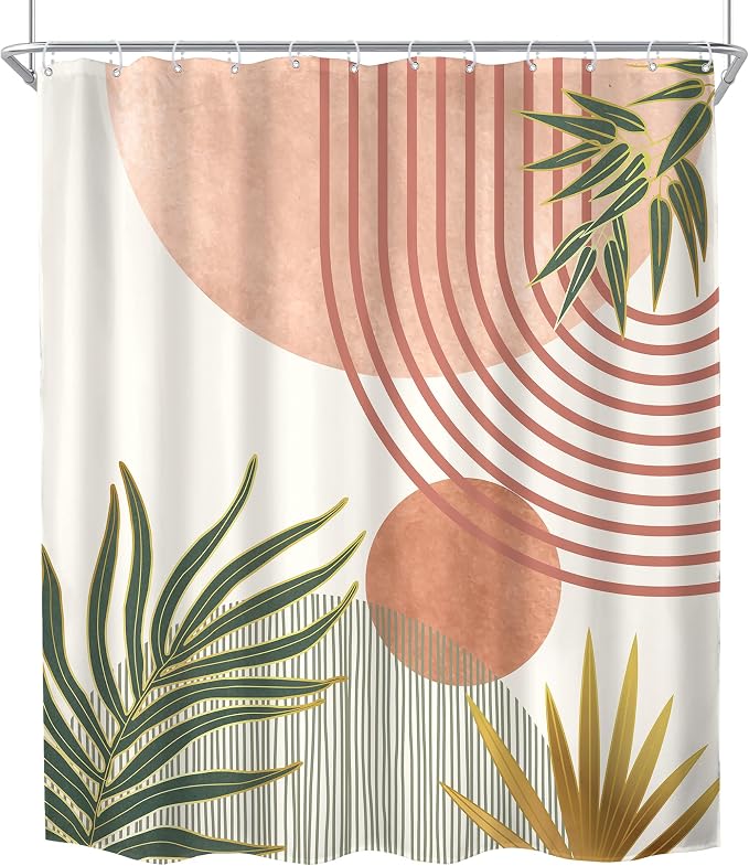 KOMLLEX Mid Century Pink Green Boho Shower Curtain for Bathroom Decor 72Wx78H Inches Abstract Modern Orange Gold Botanical Minimalist Arch Sun Fabric Waterproof Polyester 12 Pack Hooks Pack Hooks