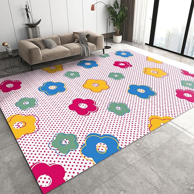 Cartoon Cute Flowers Area Rug, Pink Polka Dot Background Non Slip Decorative Rugs, Breathable Durable Carpet for Indoor Bedroom Living Room Sofa Office Floor Rug - 3 ft x 4 ft