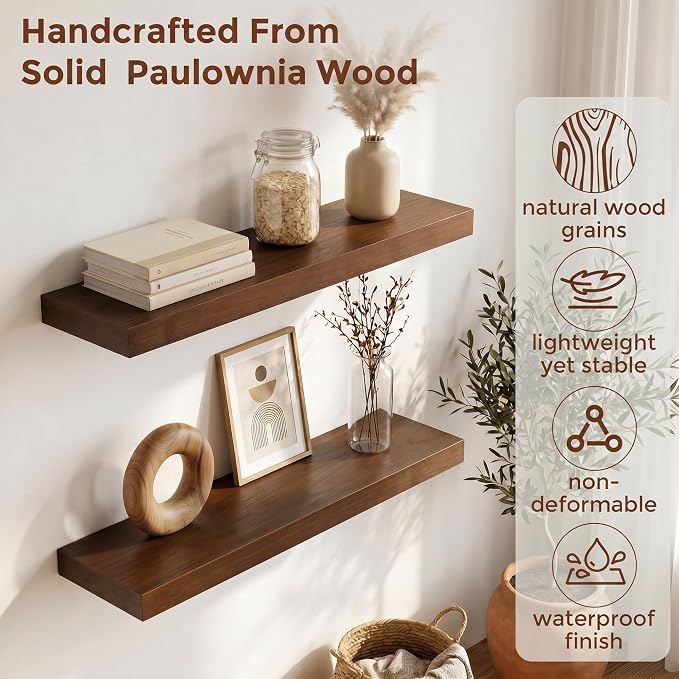 fuqing Wood Floating Shelves | 24 Inch Floating Shelves for Wall Set of 2 | 24" W x 6.7" D x 1.4" H Rustic Walnut Shelves for Bathroom Living Room Bedroom Kitchen