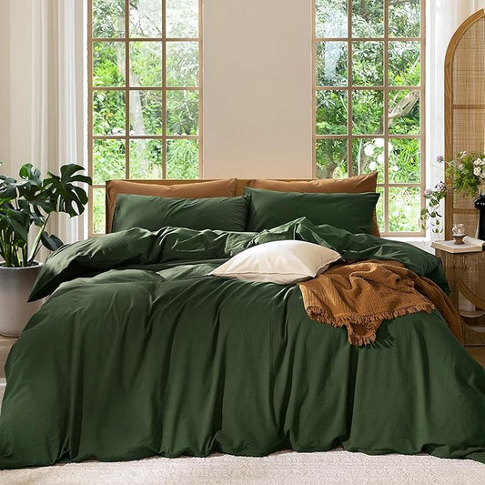 MooMee Bedding Duvet Cover Set 100% Washed Cotton Linen Like Textured Breathable Durable Soft Comfy (Solid Forest Green, Twin 68"x90")