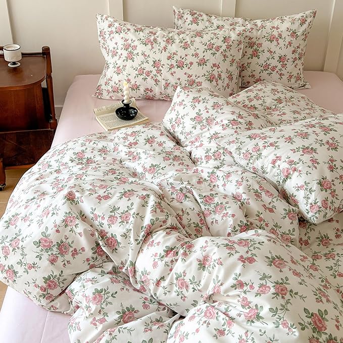 HIGHBUY Boho Floral Duvet Cover, Soft Cotton Aesthetic Pink Comforter Cover, Lightweight Soft Garden Style Bedding Set Zipper Closure Breathable (104 Inch x 90 Inch) HB03633-K