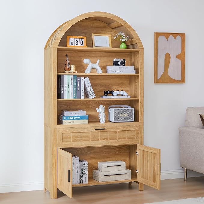 Turtle&Myrtle 73" H Large Arched Bookshelf，5-Tier Arch Bookcase with Doors，Mid Century Modern Book Shelf with Drawers，Wood Bookshelf w/Open Display Shelves for Living Room, Office (Natural, 2 Set)