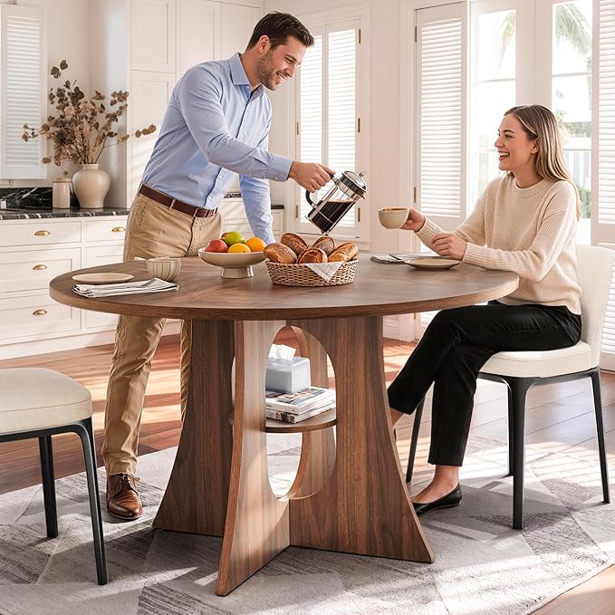 47" Round Dining Table for 4-6, Space-Saving Dining Room Table with Thick Tabletop and Sculptural Base, Wood Grain Dinner Table with Storage Shelf for Kitchen, Dining Room, Living Room, Walnut