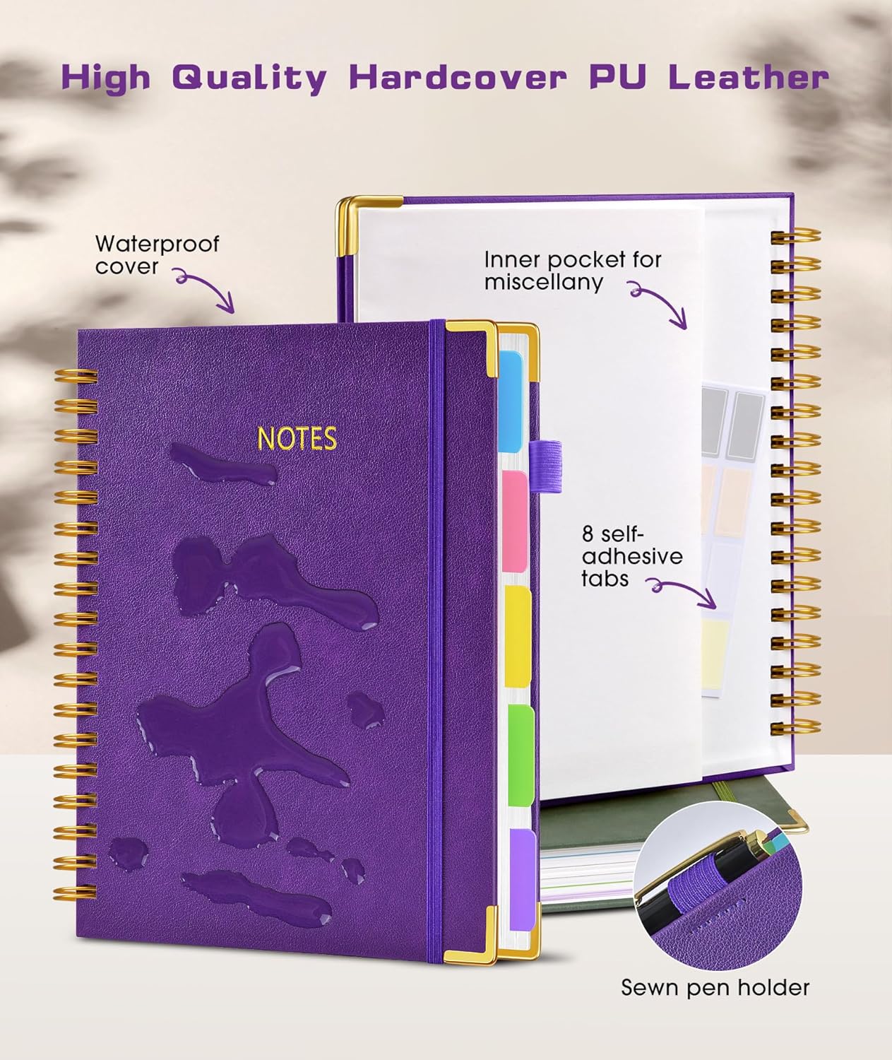 Skiennix Hardcover Spiral Notebook - 300 Pages with Removable Dividers | 8"x10" Dark Purple Journal for Work & School