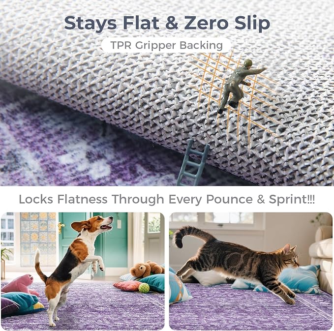 OPPODREAM Vintage Purple 2x12 Runner Rug, 2 x 12 Retro Washable Rug Non Slip, Low-Pile Faux Wool Carpet, Distressed Floor Mat for Kitchen, Hallway, Entry-Way, Entrance, Indoor Back Door