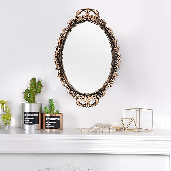 Tstarer Vintage Decorative Gold Framed Mirror, Wall Hanging Mirrors & Tabletop Tray for Bedroom Living Room Dresser Decor, Oval- 9.6" W x 14.3" L (BRONZE-2PACK)